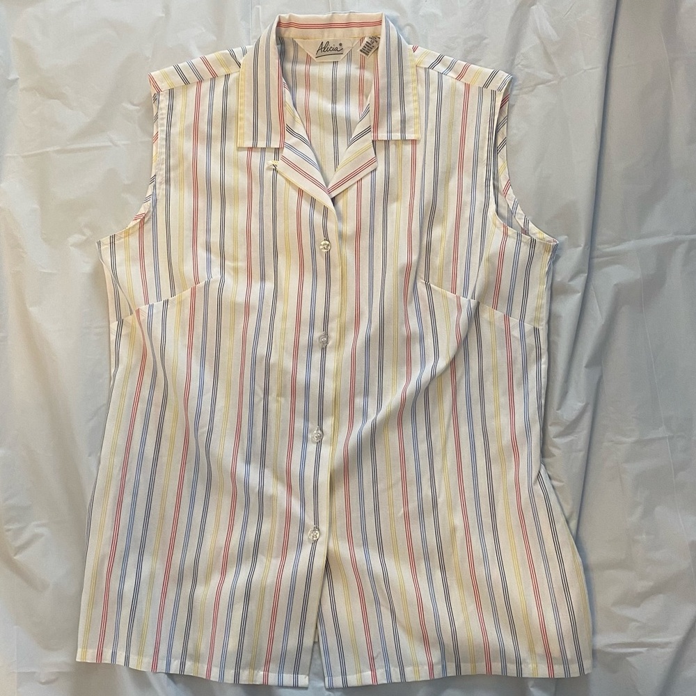 Vintage Alicia sleeveless button down. White with multi color stripes. Size 12